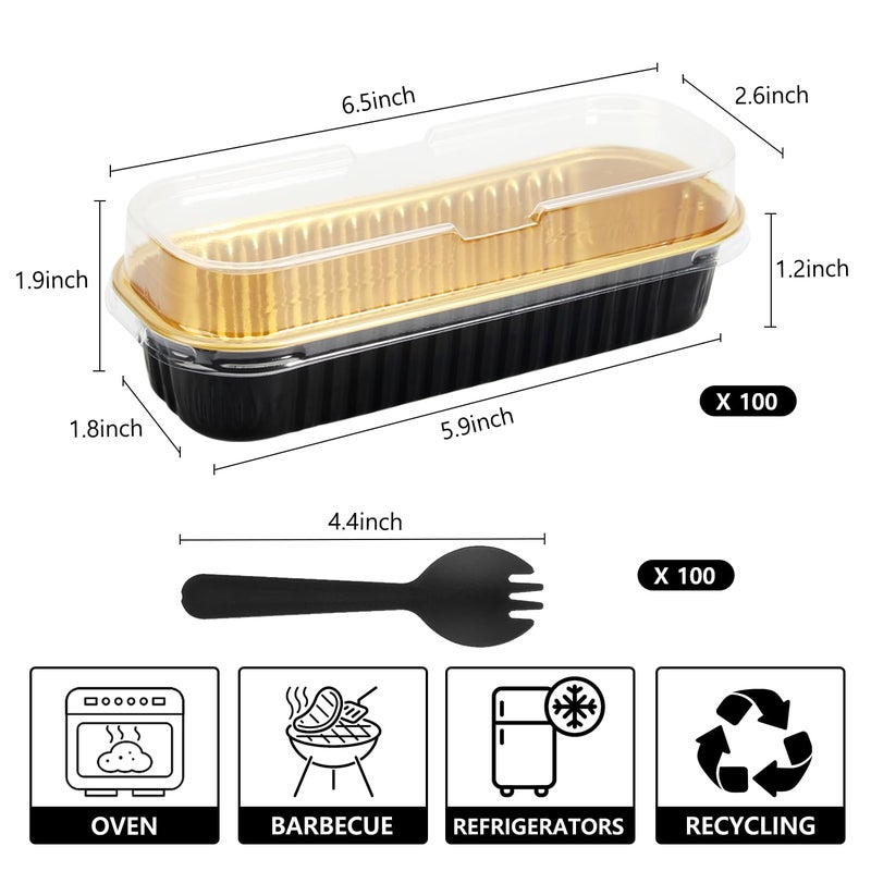 Ruckae 100 Pack Mini Loaf Pan Mini Loaf Baking Pans with Lids and Spoons,Disposable Aluminum Foil Pans, Rectangle Tin Foil Pans with Lids for Home, Pary, Picnics (Black Gold) - Image 2